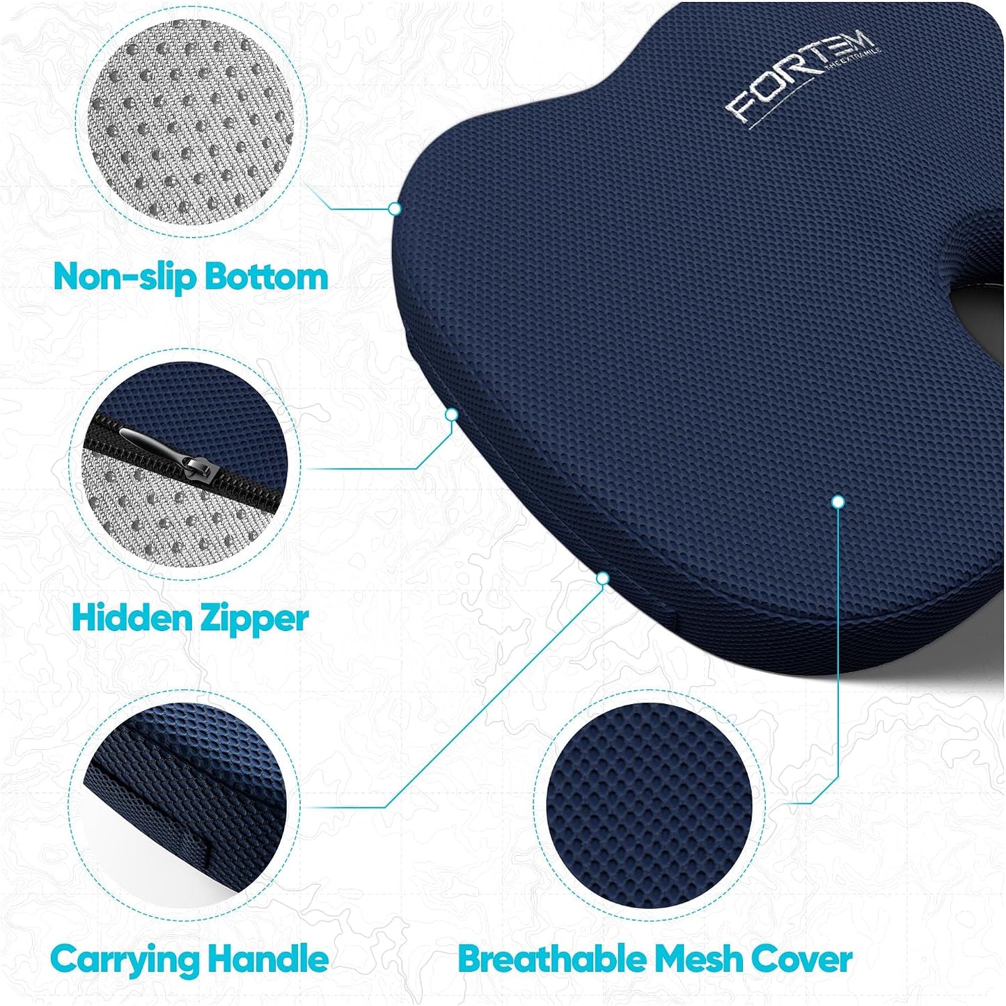 FORTEM Seat Cushion, Office Chair Cushion, Lumbar Support Pillow for Office Chair, Memory Foam Car Seat Cushions, Sciatica Coccyx Tailbone Pain Relief, Cushions for Back Support, Washable, Non Slip