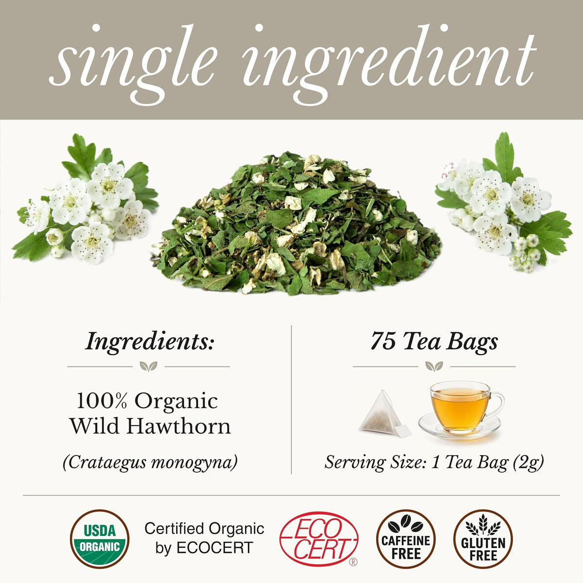Wild Bliss Organic Hawthorn Leaf and Flower Tea, 75 Tea Bags