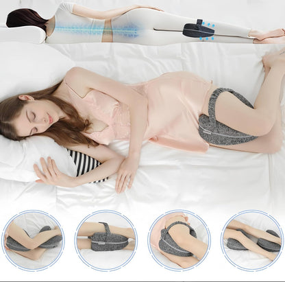 Memory Foam Knee Pillow for Side Sleepers, Hip & Spine Support, Grey | Ergonomic contour, adjustable elastic strap, breathable cover, durable memory foam, versatile for bed, sofa, office, travel