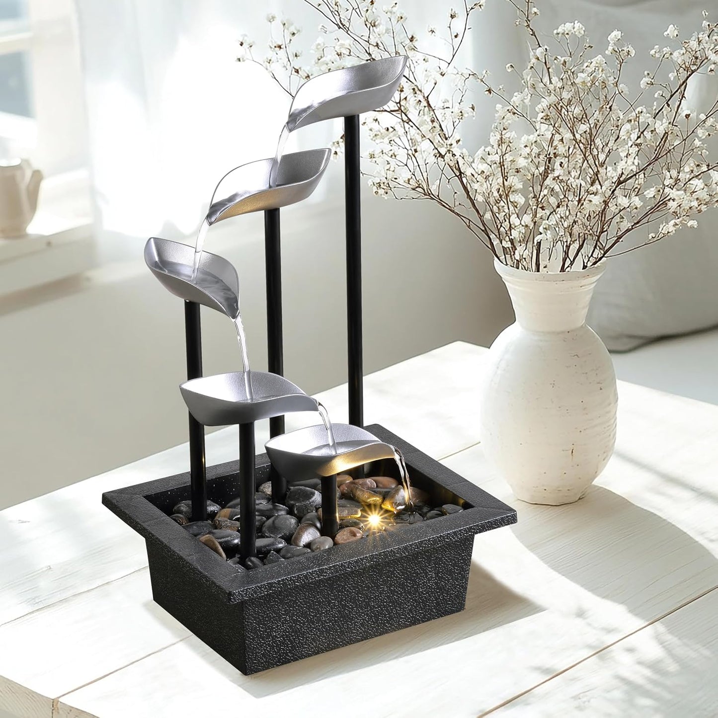 Tabletop Water Fountain, Modern Indoor Waterfall Feature with LED Light, Soothing Zen Desktop Fountain for Home Office Bedroom Relaxation Decor 13.7 Inch