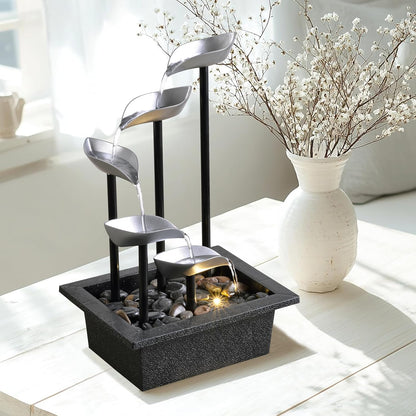Tabletop Water Fountain, Modern Indoor Waterfall Feature with LED Light, Soothing Zen Desktop Fountain for Home Office Bedroom Relaxation Decor 13.7 Inch
