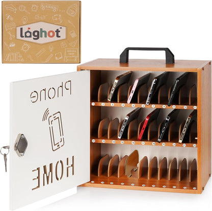 Wooden Phone Lock Box, Cell Phone Locker with 33 Adjustable Dividers | Phone Storage Cabinet with Security Lock & Handle, Desktop Phone Organizer for Classroom, Office & Repair Shops