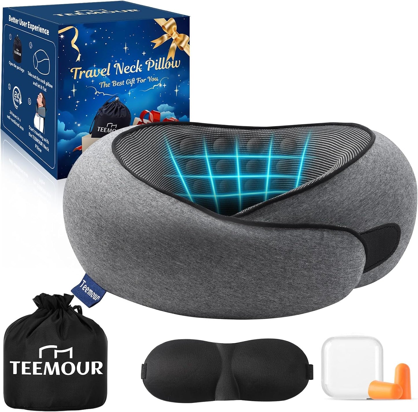 Travel Pillow Neck Pillow for Airplane Travel Essentials - Memory Foam Travel Neck Pillow, Stops Head Bobbing With Eye Mask & Earplugs, Portable Carry Bag for Long Flights| Airplane Accessories Black