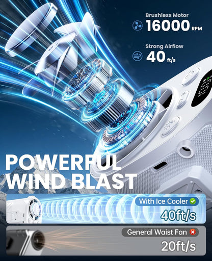 Portable Waist Fan with Ice Cooling, 4-in-1 Clip-On Fan for Car/Shirt/Hat/Belt, 16000RPM Strong Airflow, 12H Runtime, 100 Speed Settings, Wearable Fan for Outdoor Work, Camping, Travel Black