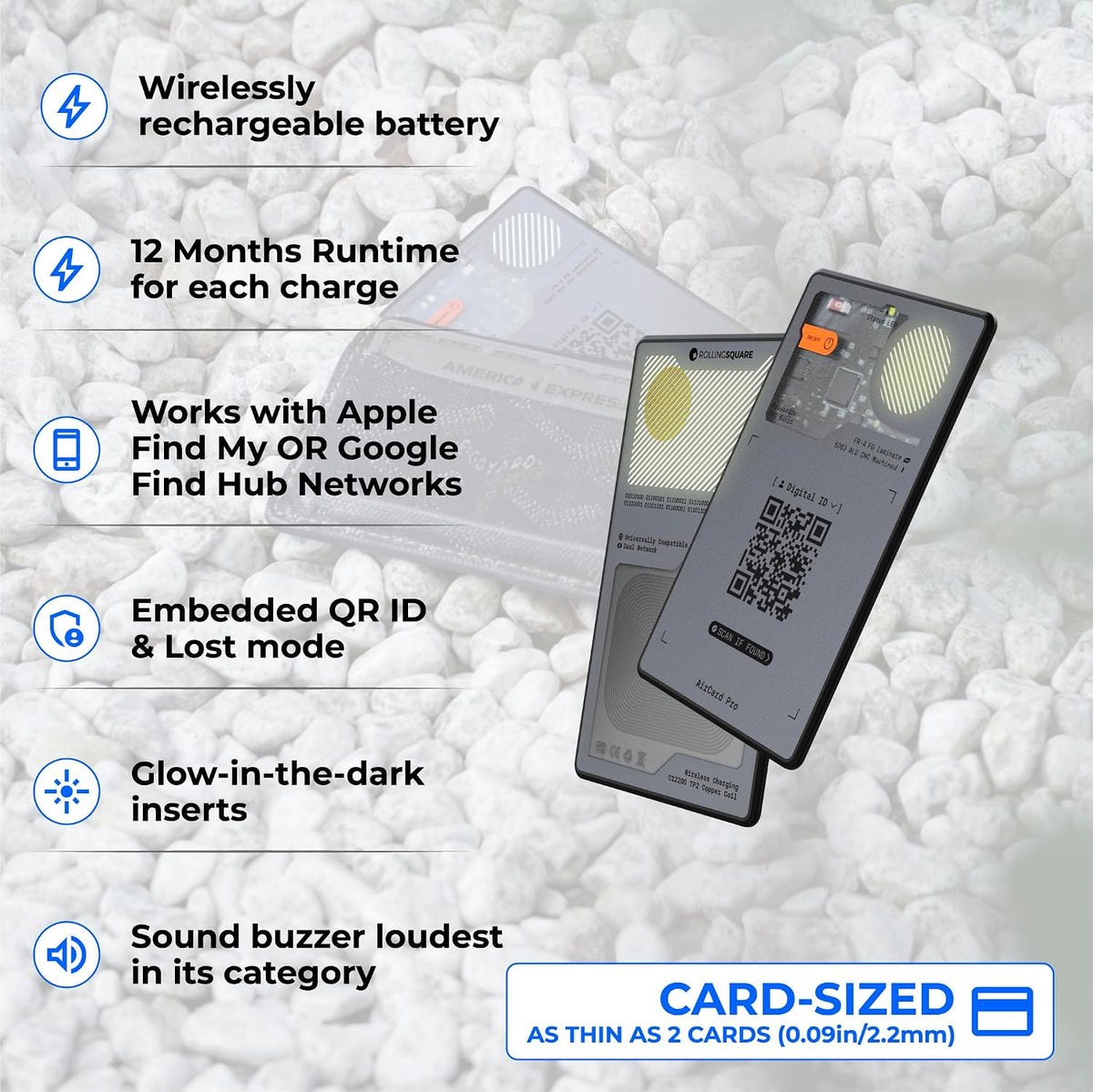 Rolling Square AirCard Pro Dual - Bluetooth Wallet Tracker - Compatibile with Both Apple iOS Find My and Google Android Find Hub – Wireless Charging, Anti-Loss Card – Smart Locator, Gray