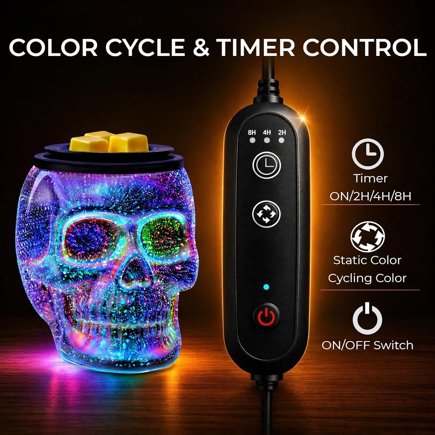 Wax Melt Warmer, Wax Warmer for Scented Wax with Light Bulb, Electric Skull Wax Burner, Halloween Fragrance Wax Melter for Home and Gifts (Rainbow Skull)