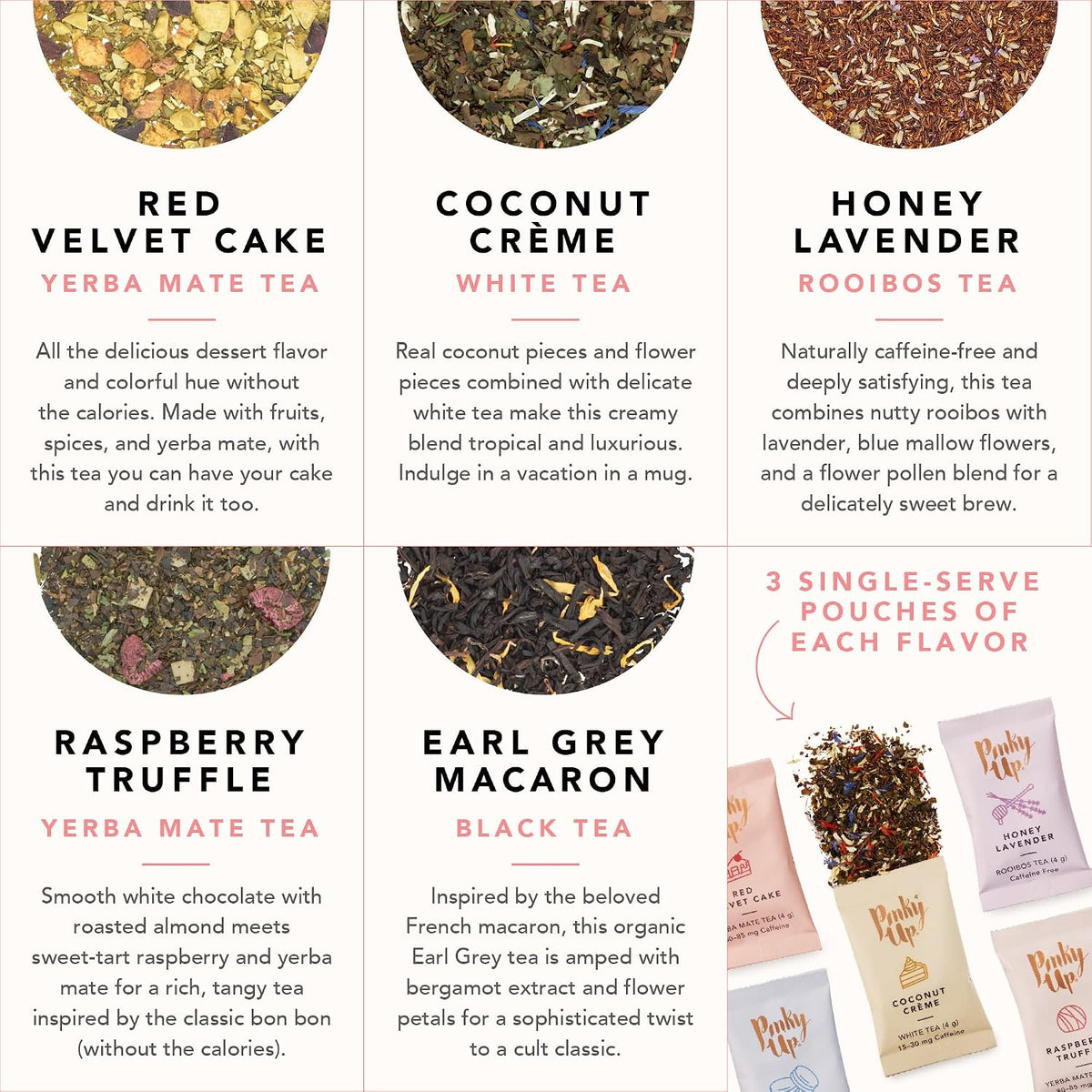 Pinky Up Loose Leaf Tea Sampler Set - Calorie Free Single Serving Loose Leaf Herbal Tea Variety Gift Pack, 15 Pouches
