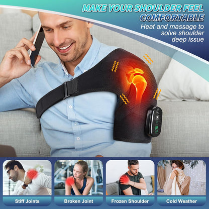 Cordless Heated Shoulder Brace with Vibration, 3 Heat & Massage Settings, Shoulder Heating Pad for Pain Relief, Adjustable Shoulder Warmer for Men and Women(Grey)