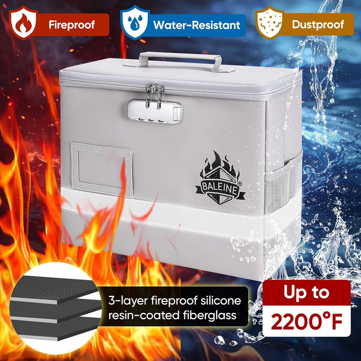 BALEINE Fireproof Document Box with Lock, Portable Fireproof Document Bag Waterproof Fire Proof File Boxes for Documents, File Organizer Box for Important Paperwork (Black, 12.5''x10.5''x6'')