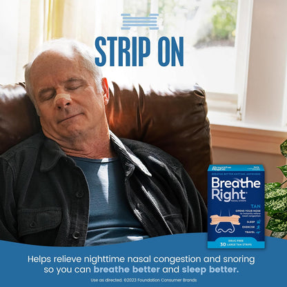Breathe Right Nasal Strips, Extra Strength Tan Nose Strips, Drug-Free Nasal Congestion Relief for Better Breathing, Help Relieve Snoring, Caused by Colds & Allergies, Deviated Septum, 30ct
