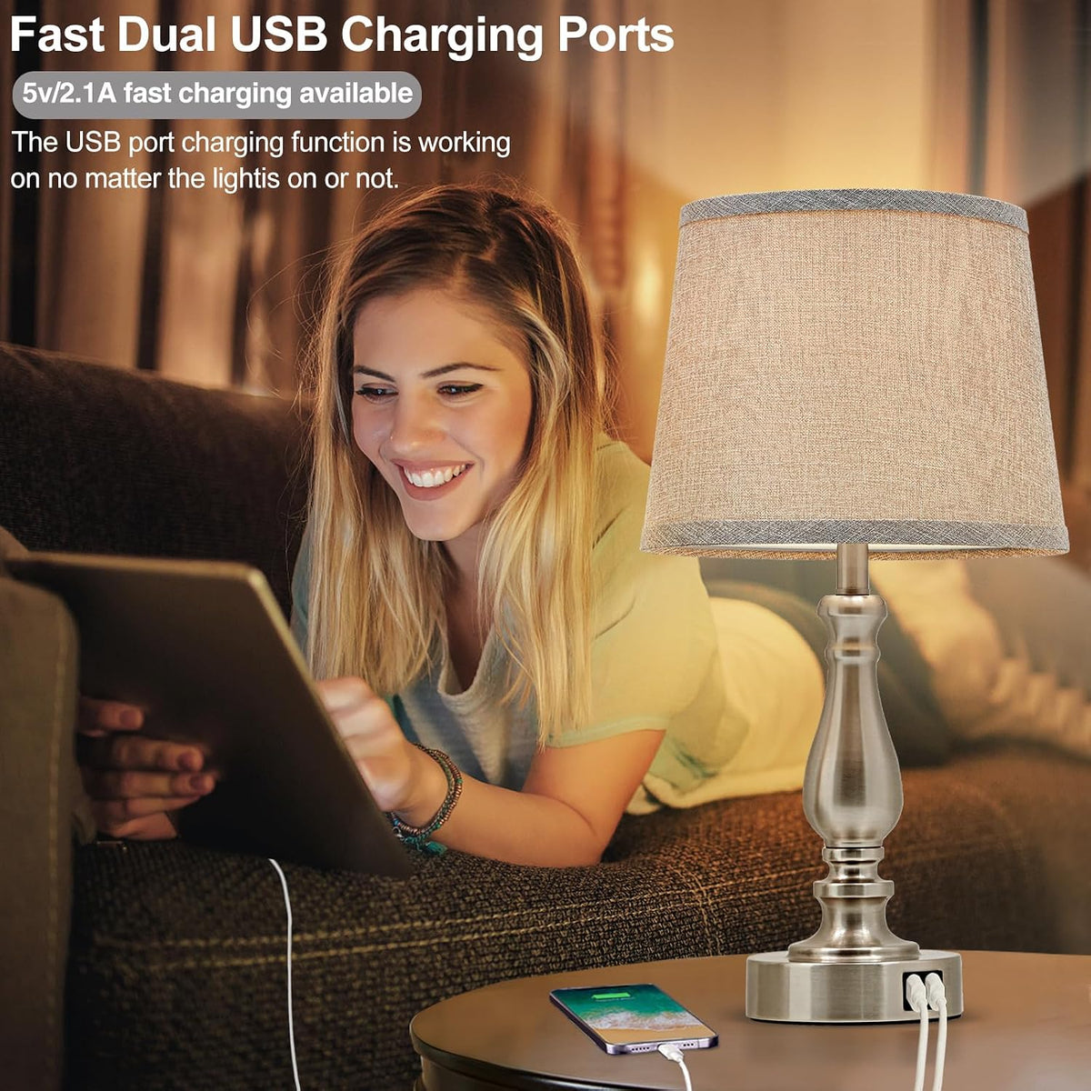 EJIAXIN Lamps for Bedrooms Set of 2, Brushed Nickel Bedside Lamps with USB C+A Ports,Dimmable Nightstand Lamps with Fabric Lampshade, Touch Table Lamp for Living Room Bedroom Office, Bulbs Included