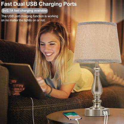 EJIAXIN Lamps for Bedrooms Set of 2, Brushed Nickel Bedside Lamps with USB C+A Ports,Dimmable Nightstand Lamps with Fabric Lampshade, Touch Table Lamp for Living Room Bedroom Office, Bulbs Included