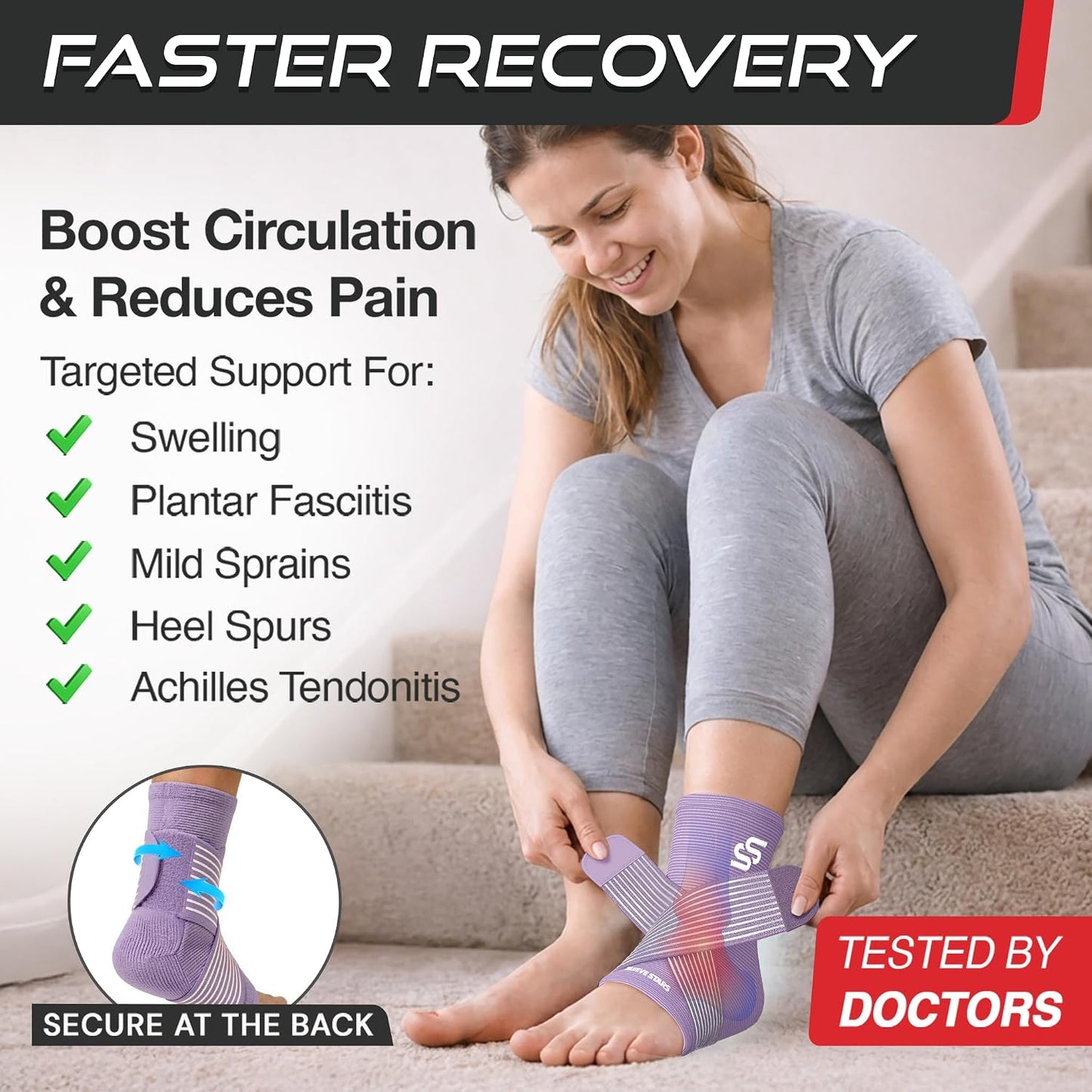 Sleeve Stars Ankle Brace for Women & Men, Ankle Wrap for Sprain, Compression Sleeve for Plantar Fasciitis Relief, Easy Customizable Support: w/ Removable Strap (Single/M:10"-12"/Black)