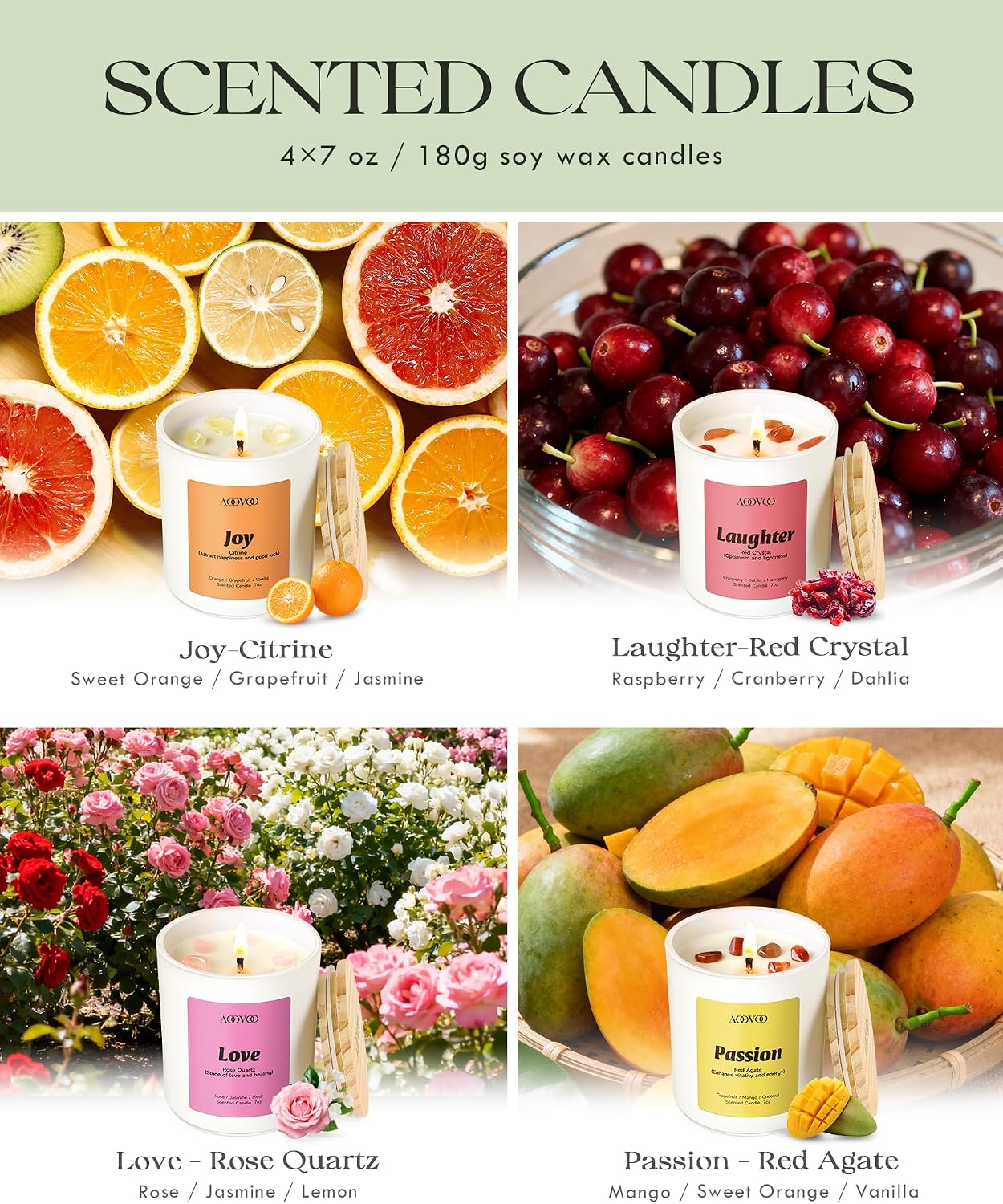 AOOVOO Calm Candles Set for Women - 4 Pack Candles for Home Scented, 28 oz 200 Hour Burn, Aromatherapy Candle with Crystals, Lavender Calm/Jasmine Serenity/Water Lily Pear Harmony/Patchouli Balance