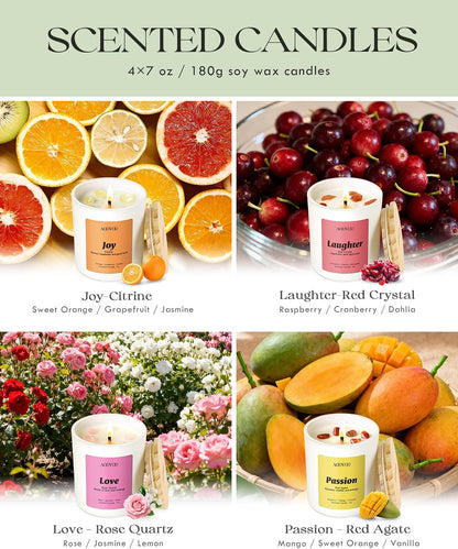 AOOVOO Calm Candles Set for Women - 4 Pack Candles for Home Scented, 28 oz 200 Hour Burn, Aromatherapy Candle with Crystals, Lavender Calm/Jasmine Serenity/Water Lily Pear Harmony/Patchouli Balance