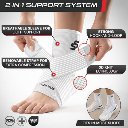 Sleeve Stars Ankle Brace for Women & Men, Ankle Wrap for Sprain, Compression Sleeve for Plantar Fasciitis Relief, Easy Customizable Support: w/ Removable Strap (Single/M:10"-12"/Black)