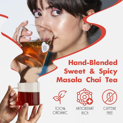 Big Heart Tea Co. Tea Bags - Fiery Masala Chai - Certified Organic, Ayurvedic Herbal Decaf Tea with Small Batch Ground Sweet Herbs and Spices including Adaptogenic Tulsi, Rooibos, Ginger, 50 Pack