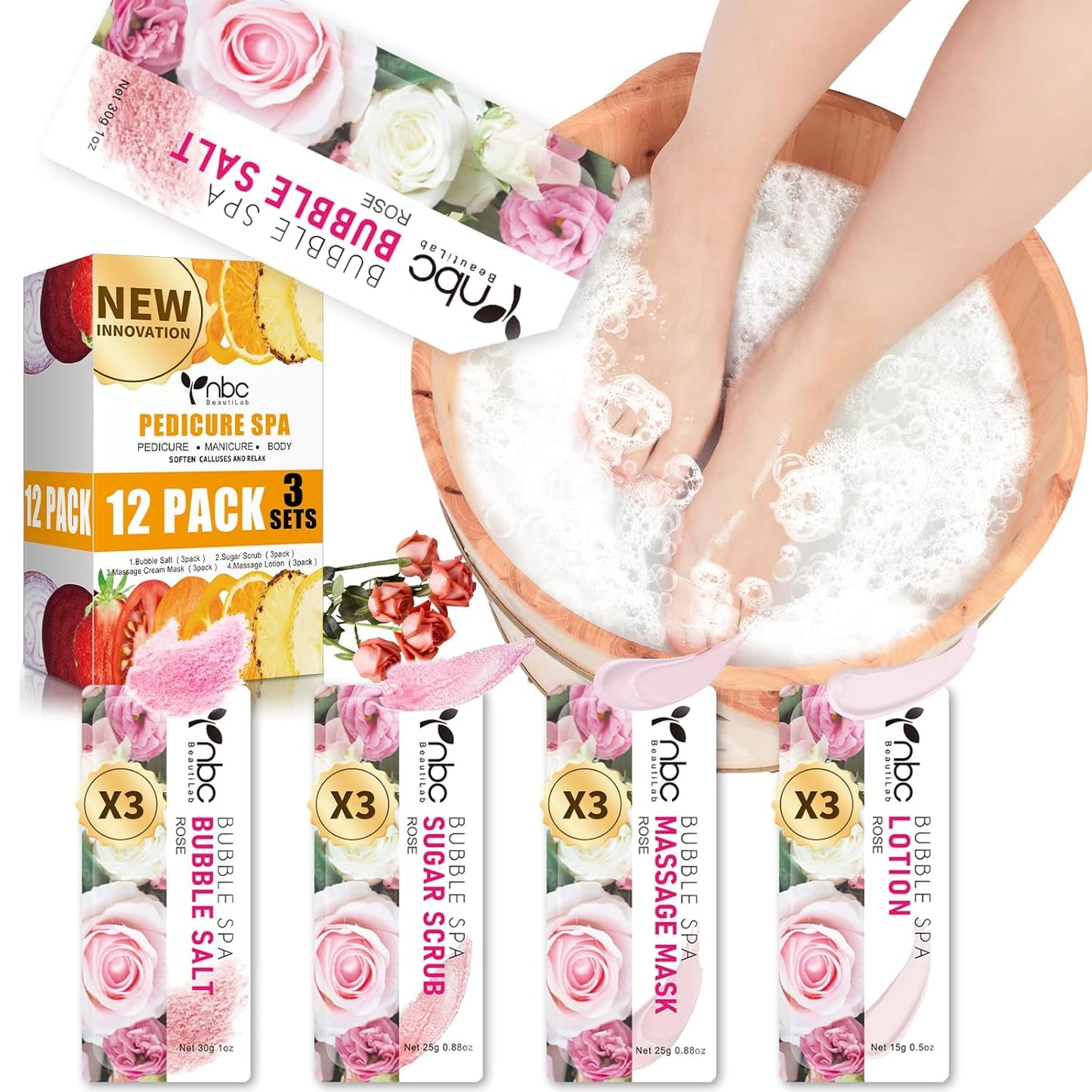 Pedicure Kit Foot Soak Set: Bubble Salt, Sugar Scrub, Massage Mask, Massage Lotion in a Box, 4 Step Foot Spa Kit for Dry Feet, Softens Calluses, Tired Feet（3 Set Lavender) - Colors B