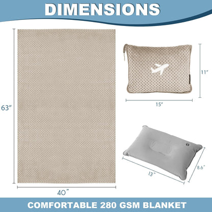 Travel Blanket Airplane Compact with Bag, Travel Essentials 3 in 1 Packable Airplane Blanket, Travel Pillow and Blanket Set, Inflatable Pillow, Luggage Sleeve & Backpack Clip (Light Grey)