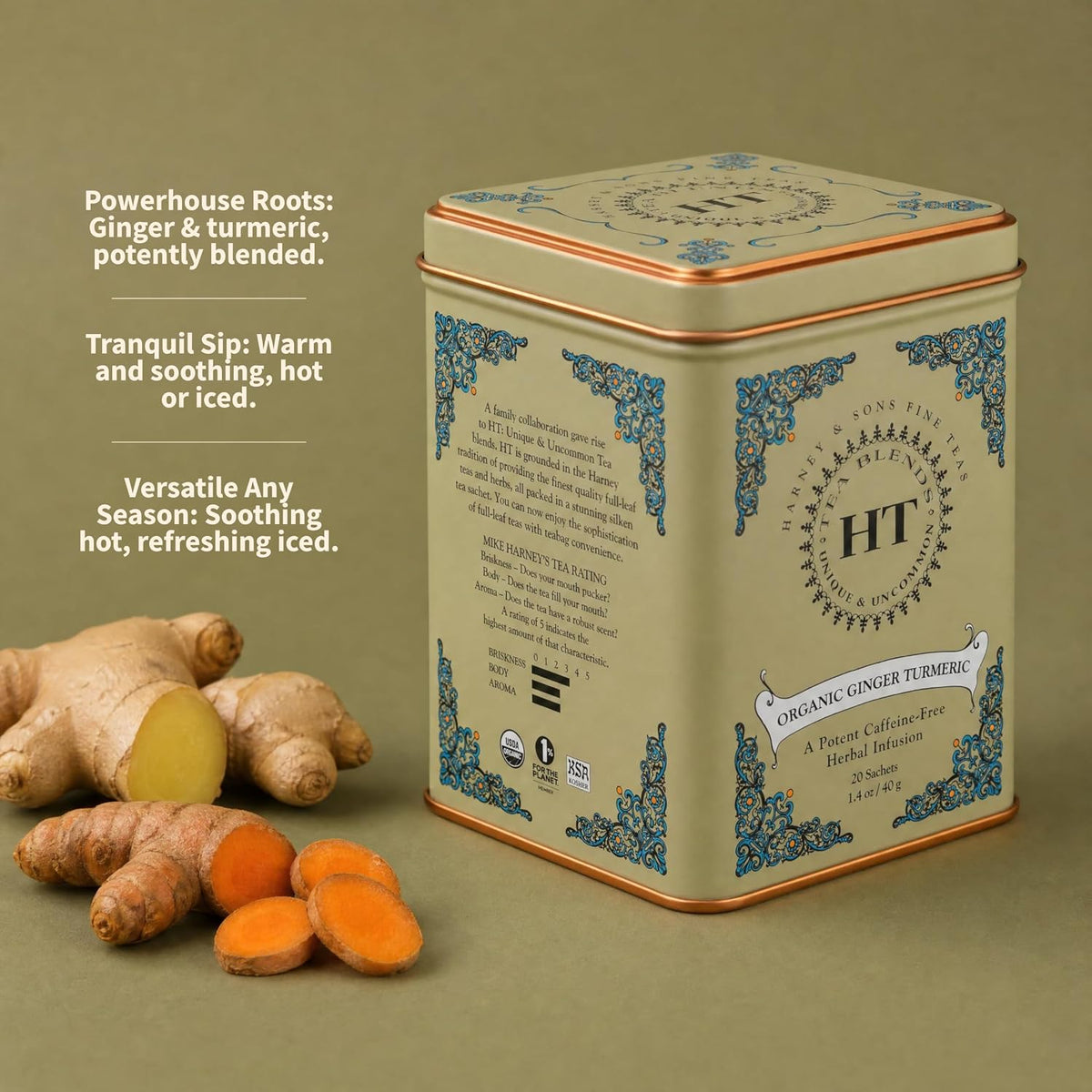Harney & Sons HT Organic Ginger Turmeric Herbal Tea, 20 Sachets Tin