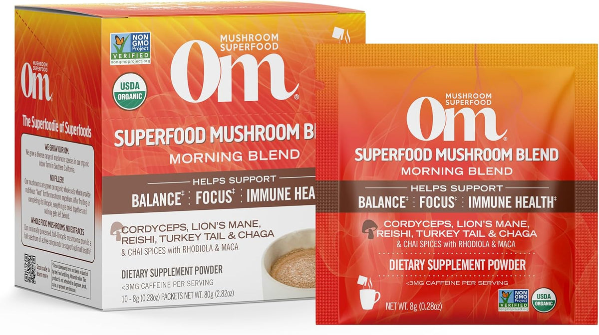 OM MUSHROOM SUPERFOOD Matcha Latte Blend – Green Tea Mushroom Powder with Lion’s Mane, Reishi, Chaga & Turkey Tail – Focus, Calm & Stress Support – 8.47 oz Canister (30 Servings)