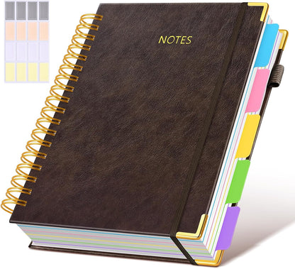 Hardcover Spiral Notebook journal with Removable Dividers Tabs, 300 Pages Leather 5 Subject Notebook College Ruled, 8"x10" Large B5 Notebooks for Work School Note taking, Lined Journal for Women,Black