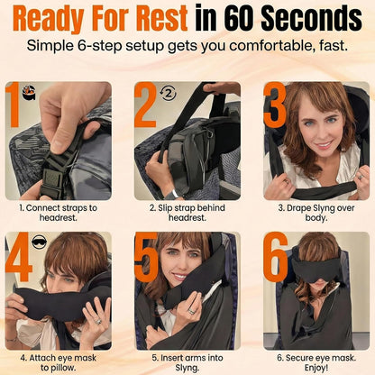 3-in-1 Airplane Sleep Support System - Integrated Plane Sleeping Accessories with Memory Foam Long Haul Flight Pillow, Adjustable Travel Eye Mask, and Blanket-Like Body Sling - Fits in Carry On
