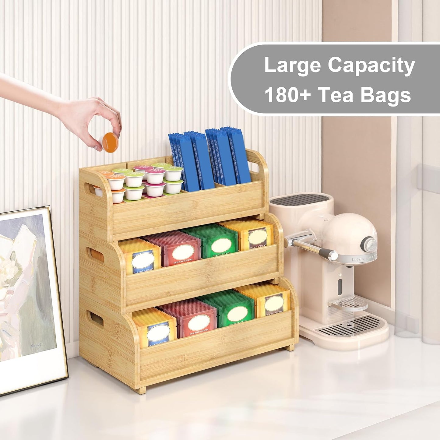 3-Tier Bamboo Tea Bag Organizer, Stackable Tea Holder for Countertop, Black