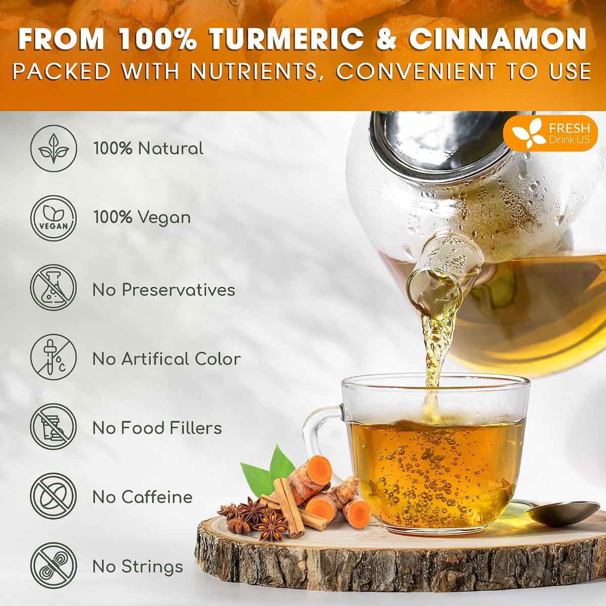 FreshDrinkUS, Premium Turmeric Cinnamon Tea - 75 Bags, 100% Natural, Blend of Turmeric, and Cinnamon. Made with Eco-Conscious Tea Bags. No Sugar. No Caffeine. Vegan.