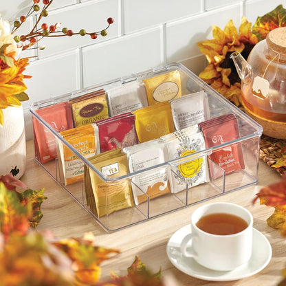 mDesign Tea Bag Single Serve Pouch Divided Box Holder Organizer, Clear