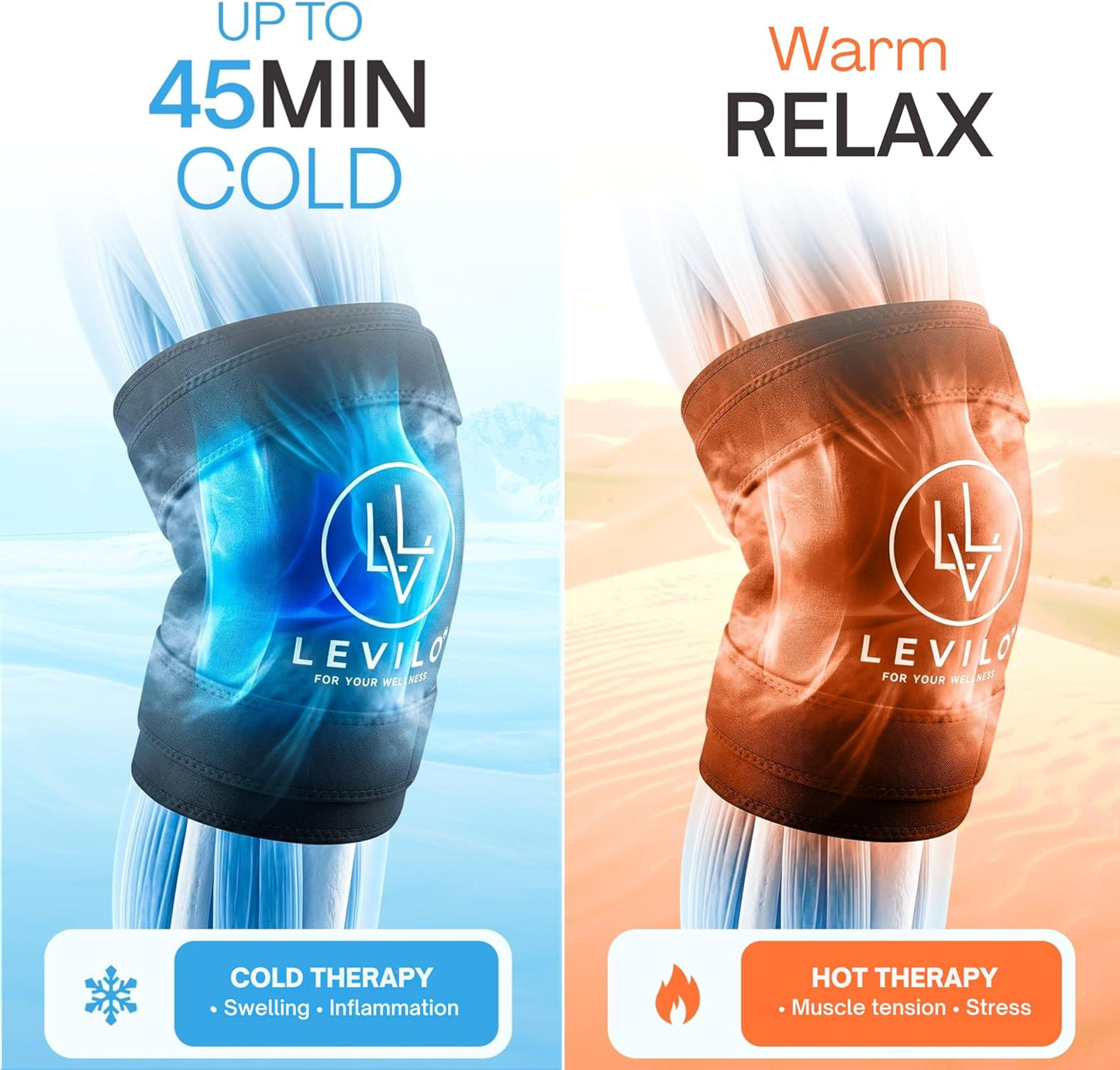 LEVILO Knee Ice Pack Wrap (with 2 Straps) – Ice Pack for Knee, 45-Min Long Cold Duration, Flexible When Frozen, Reusable Ice Packs for Injuries, Shoulder, Foot, Ankle, After Surgery