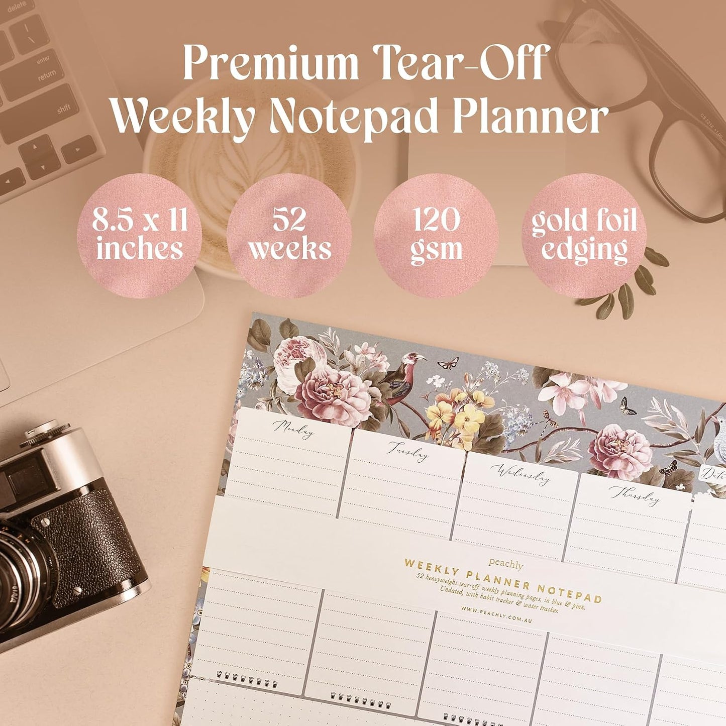 Peachly Desktop Weekly Planner Notepad | 60 Undated Tear-Off Pages | Schedule Daily To-Do Lists | Increase Your Productivity In Less Than 5 Minutes A Week | Achieve Your Goals | Peach and Mint Fern
