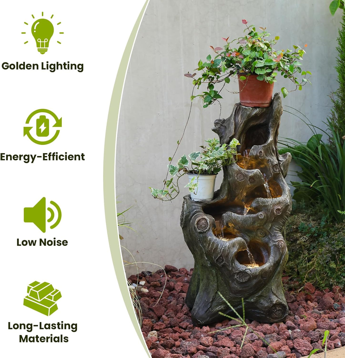 Sunlinua Water Fountain Outdoor, 5-Tier Cascading Realistic Tree Waterfall