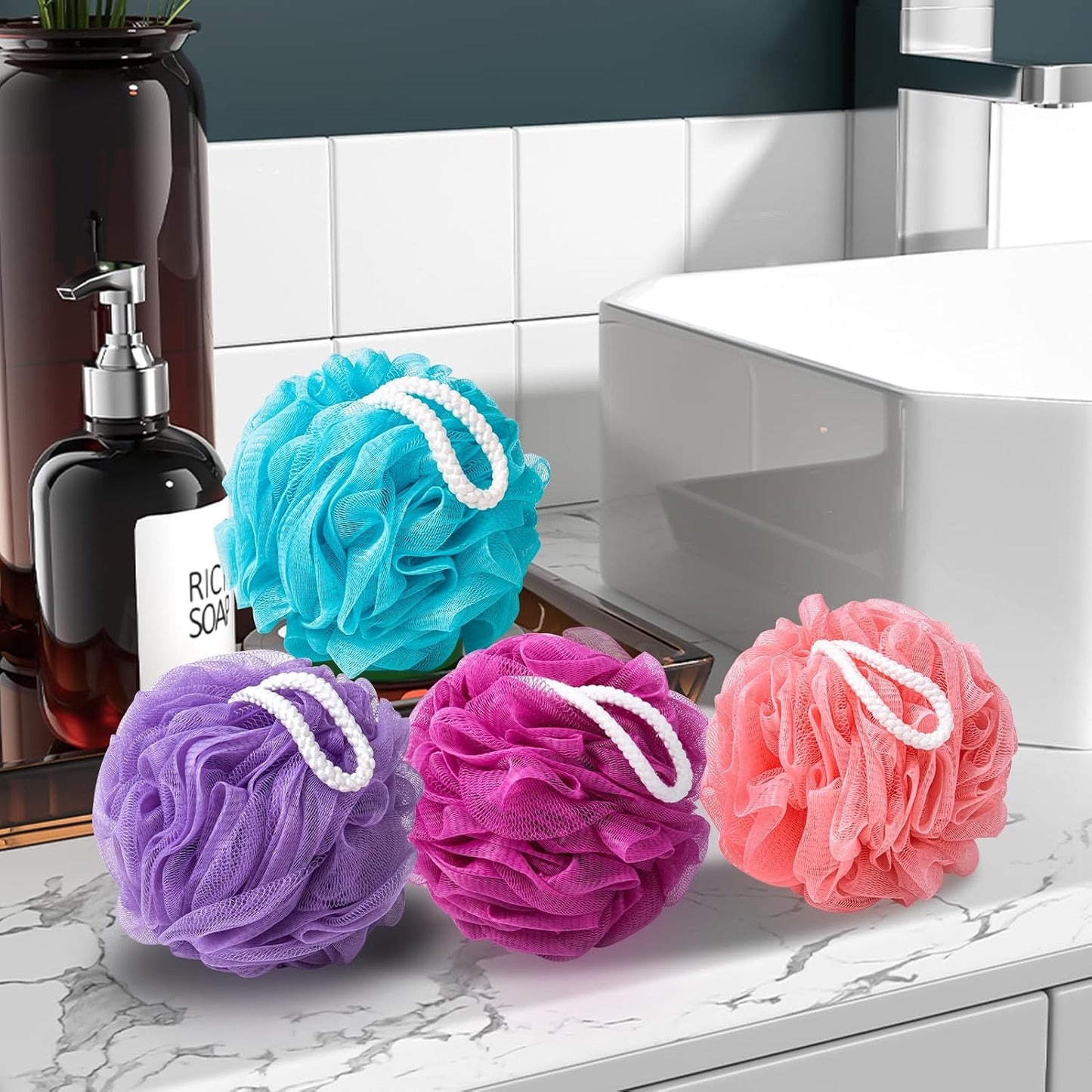 MTDLYICE Loofah Sponge XXL-100g 4 Pack, Bath Sponge Soft Mesh Shower Puff Loofah for Men, Exfoliating Body Scrubber for Women, Shower Accessories (Black)