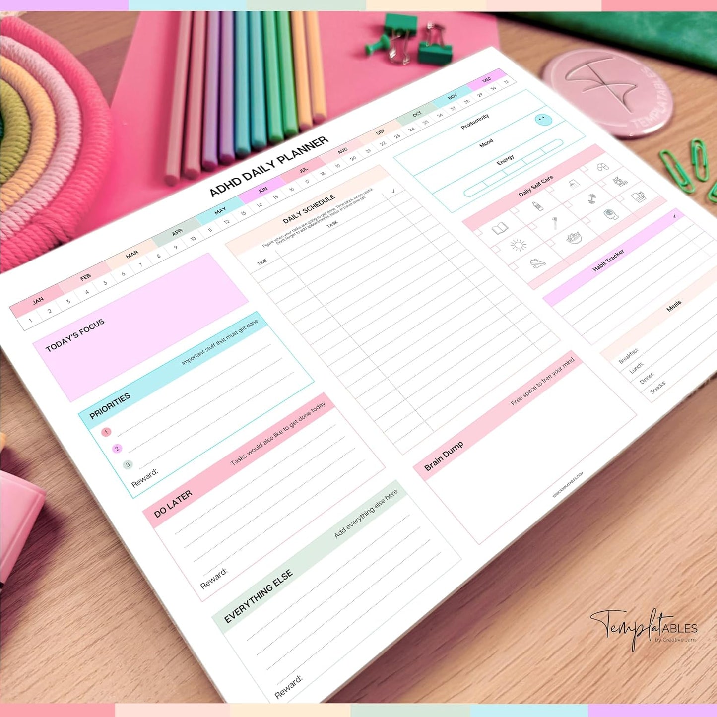 ADHD Daily Planner Notepad for Neurodivergent Adults - Productivity Daily Planner Desk Pad & Task Management to Stay Organized and Focused Note Pad (Rainbow, A4 Portrait)