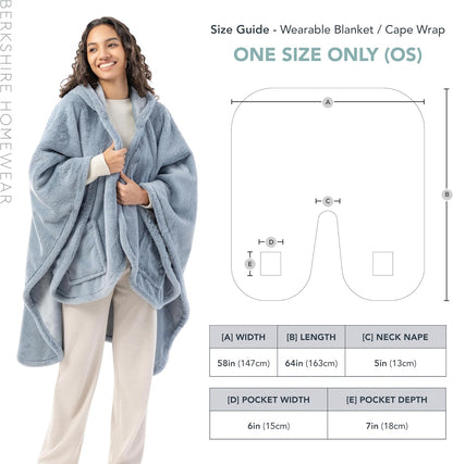 Berkshire Faux Fur Wearable Blanket, Cozy Reversible Loftmink Fleece Shawl with Hood & Side Pockets