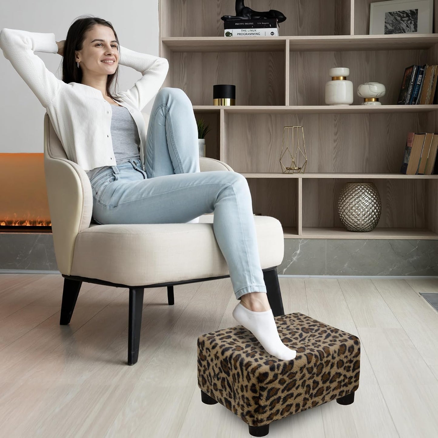 CAROLMADE Small Foot Stool Ottoman Footstool with Legs Under Desk Footrest for Living Room Bedroom and Office,Linen-Grey