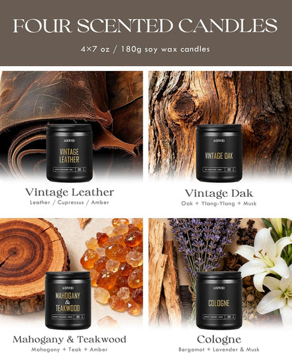 AOOVOO Scented Candles for Men - 4 Pack Candles for Home Scented, 36oz Soy Wax, 200 Hour Burn Time, Men Candle Set, Sandalwood Oud/Mahogany Teakwood/Smoke Vanilla/Jasmine Candle Set A