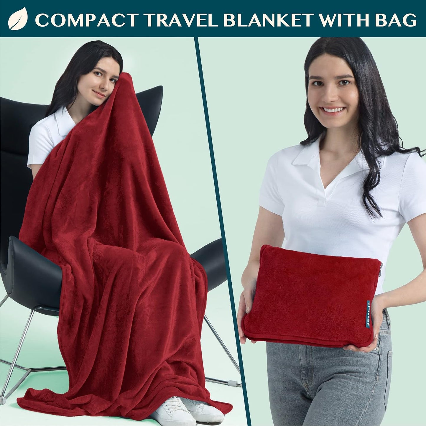 PAVILIA Travel Blanket Pillow, Soft Airplane Blanket 2-IN-1 Combo Set, Plane Blanket Compact Packable, Flight Essentials Car Pillow, Travelers Gifts Accessories Luggage Backpack Strap, 60x43 Teal Blue