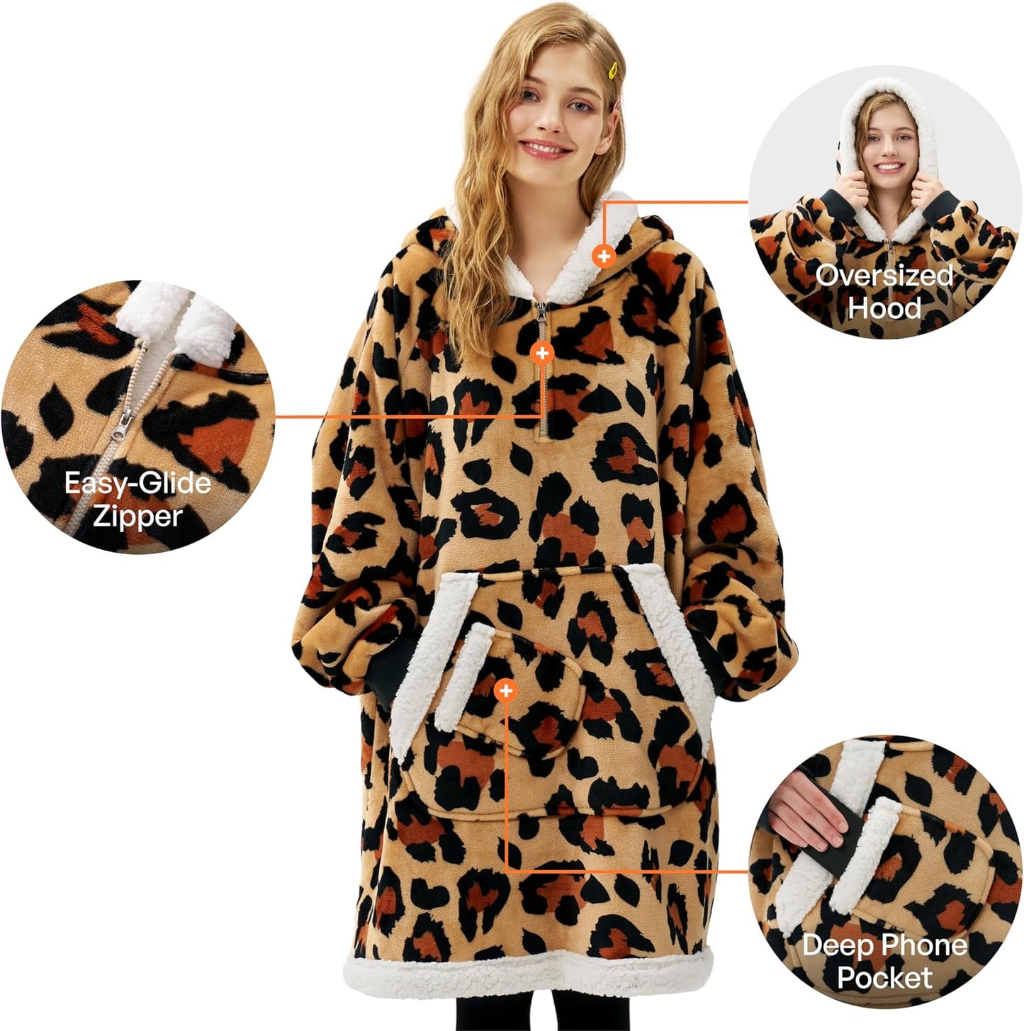 Giggling Getup Wearable Blanket Hoodie for Adults Gifts for Teen Girls Sister Women Sherpa Fleece Printed Hooded Blanket Sweatshirt Warm Cozy with Pocket & Sleeves Beige Cat