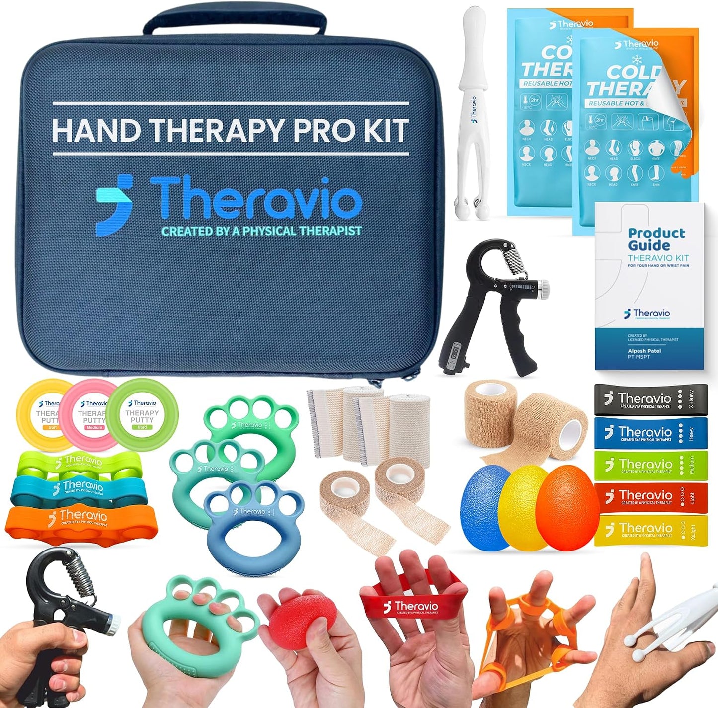 Hand Therapy Equipment for Rehabilitation and Recovery – Hand Therapy Kit with Grip Strength Trainer, Finger Strengthener & Exercise Balls for Arthritis, Carpal Tunnel and Physical Therapy by Theravio