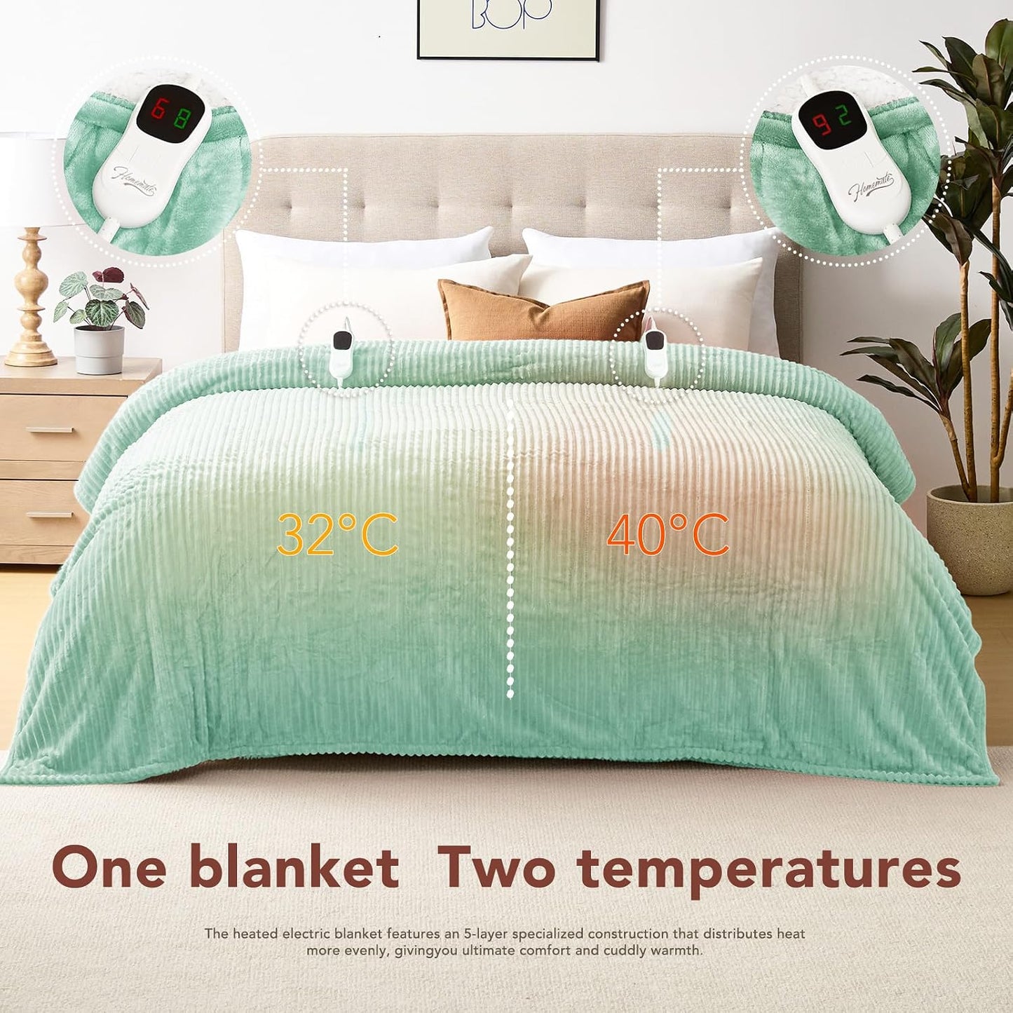 Homemate Heated Blanket Electric Throw - 50"x60" Heating Blanket Throw 1/2/4/6/8 Hours Auto-Off 10 Heat Levels Over-Heat Protection Soft Flannel Sherpa Heater ETL Certification
