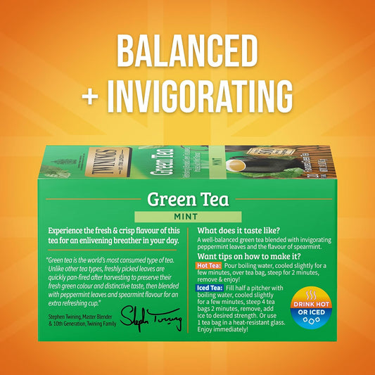 Twinings Green Tea with Mint Individually Wrapped Bags, 20 Count (Pack of 6), Invigorating Aroma, Caffeinated, Enjoy Hot or Iced, 120 Teabags