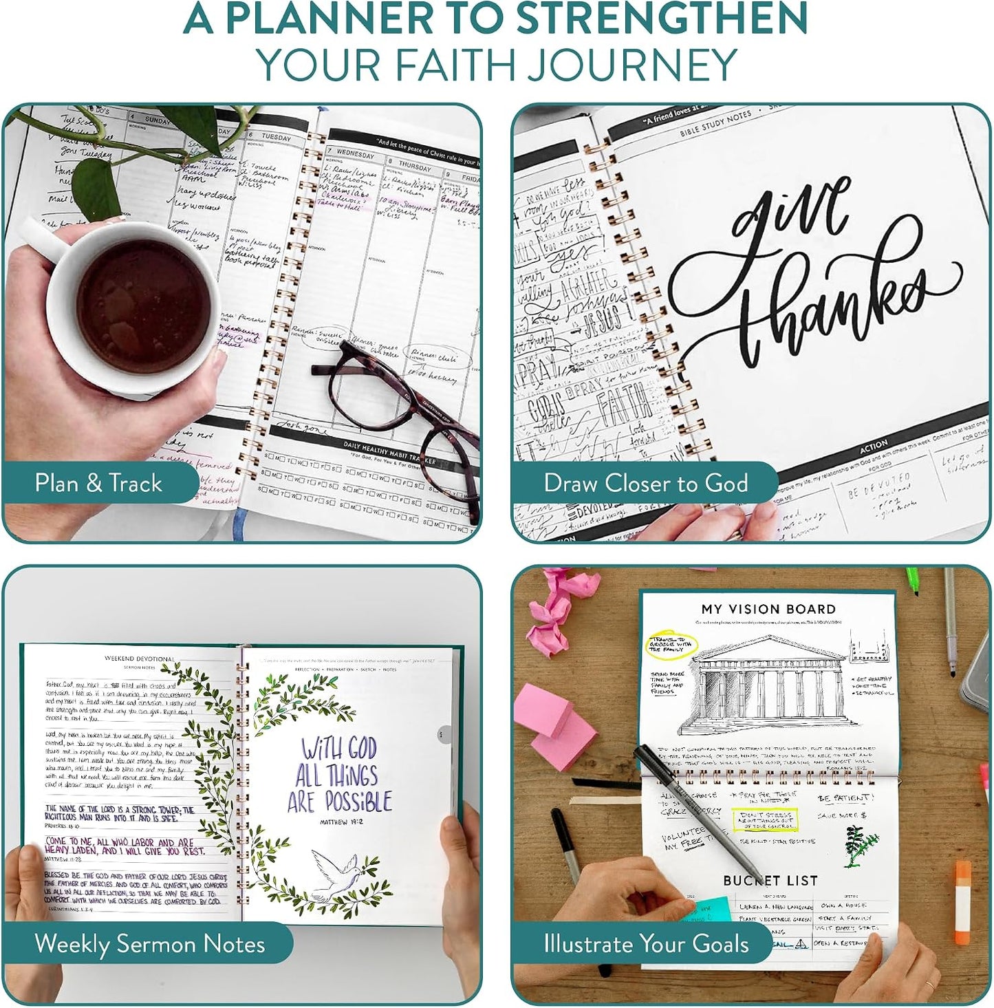 Christian Planner 2026 Daily Planner - Faith Based Monthly and Weekly Planner, Vision Board, and Habit Tracker - 2026 Calendar, Personal Organizer and Devotional Journal (Spiral, Pine)