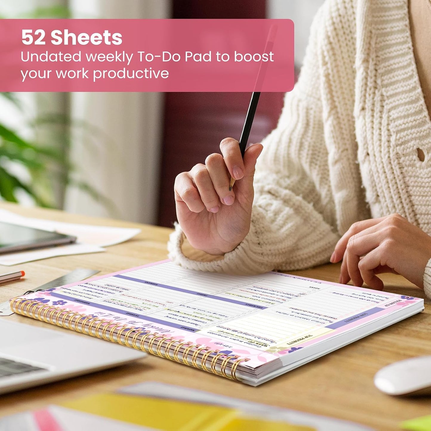 Weekly To Do List Notepad with 52 Undated Sheets（8.5"×11"）- Undated Weekly Planner Notepad for Office Desk Accessories and Supplies - Sunshine Petal