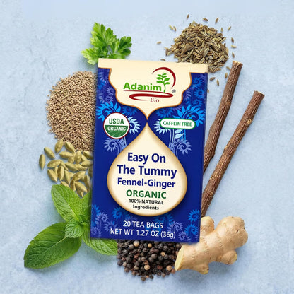 Adanim Bio Organic Fennel Ginger Herbal Tea | Caffeine Free Herbal Blend with Peppermint & Licorice Root | Stomach Ease Tummy Tea | Supports Healthy Digestion | 20 Individually Wrapped Tea Bags