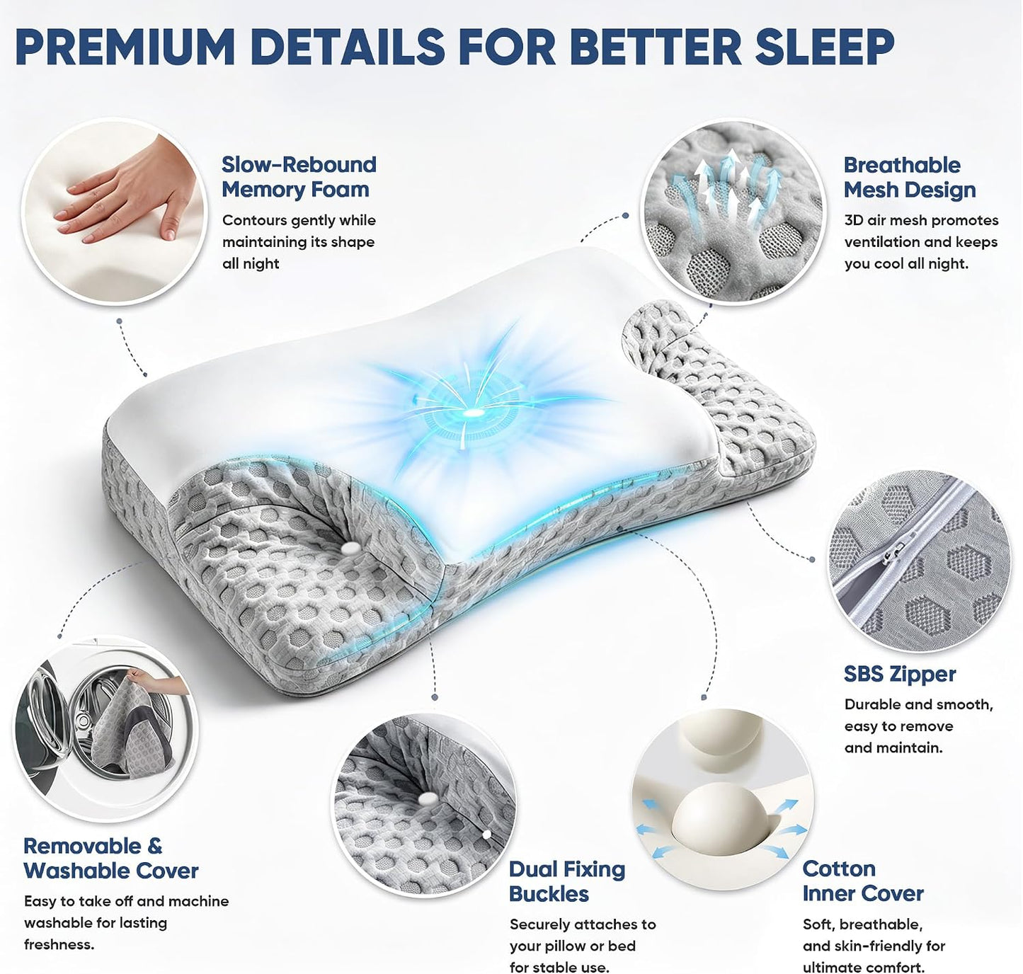 CPAP Pillow for Side, Back & Stomach Sleepers, Adjustable Cervical Memory Foam Neck Pillow with Cooling Cover & Mask Cutouts, Ergonomic CPAP Bed Pillow to Reduce Air Leaks & Mask Pressure
