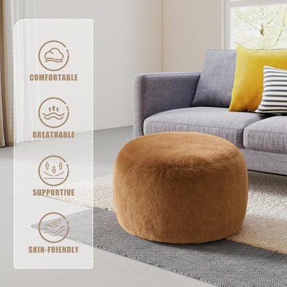 Round Stuffed Pouf Ottoman Foot Rest, Faux Fur Poufs with Memory Foam Filling, Ottomans for Living Room, Nursery, Dorm, Soft Foot Stool Ottoman for Couch, Perfect for Resting Your Feet (Grey, 20 Inch)