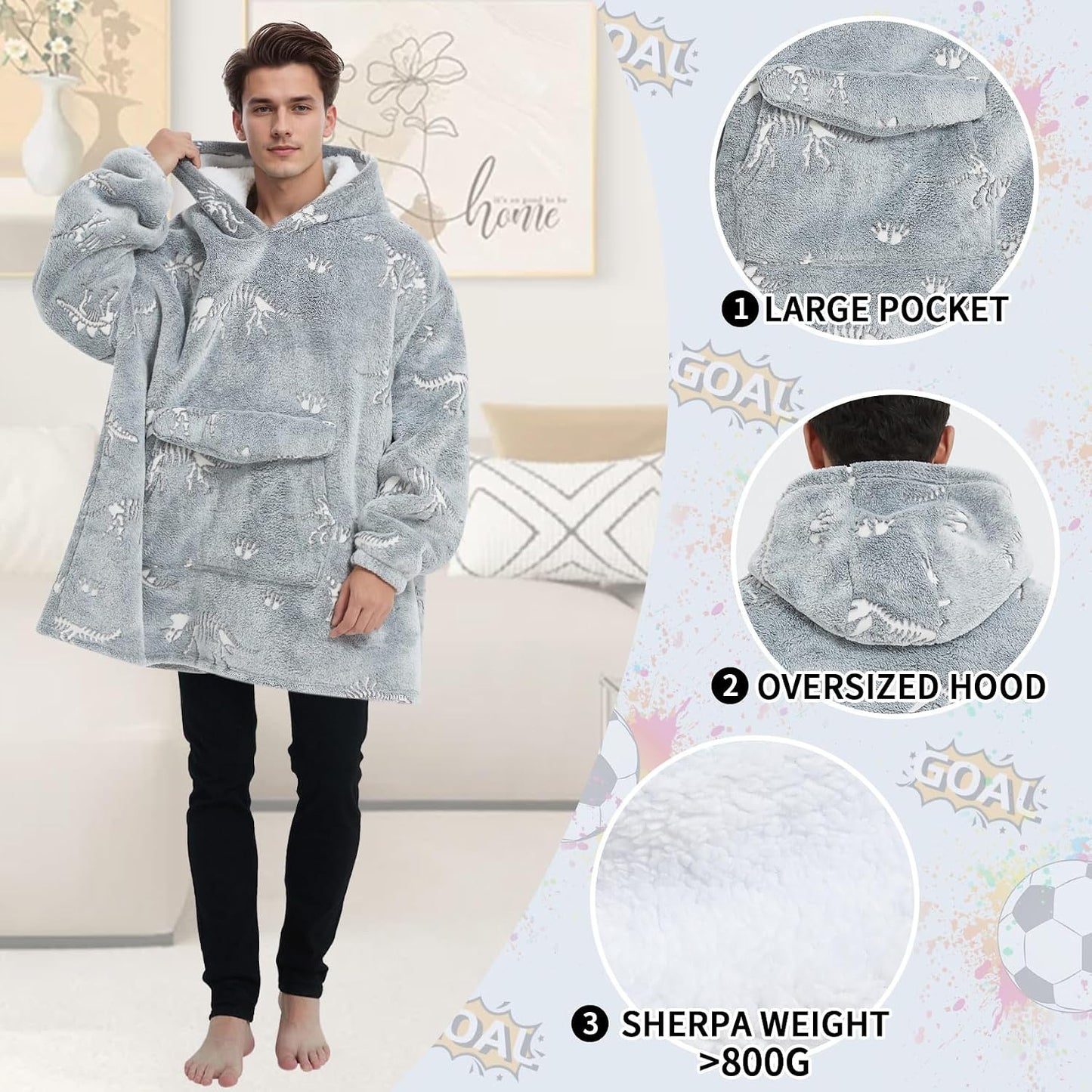 Mewkou Wearable Blanket Hoodie for Adult,Oversized Sherpa Fleece Blanket Hoodie for Women Men,Grey