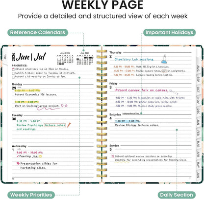 Planner 2026-2027, Academic Monthly and Weekly Calendar Planner for Women, July 2026 - June 2027, Hardcover Pretty Agenda Planner Book with Tabs, Spiral Daily Organizer for School Office Home Supplies, 6.3" x 8.5" - Blue Floral